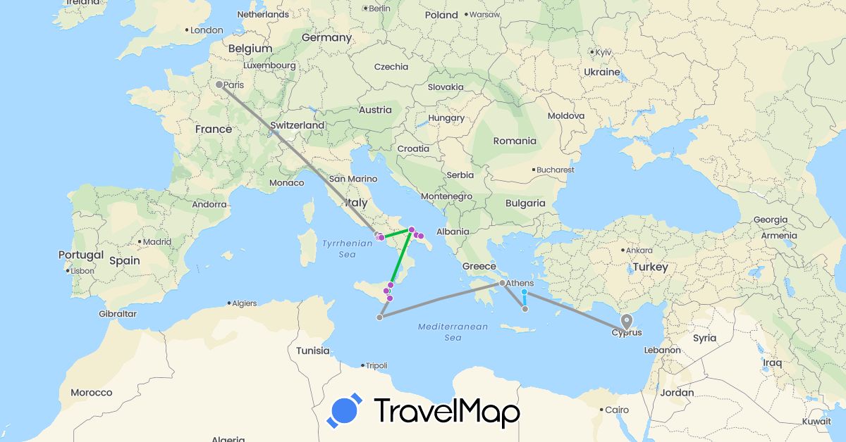 TravelMap itinerary: driving, bus, plane, train, boat in Cyprus, France, Greece, Italy, Malta (Asia, Europe)