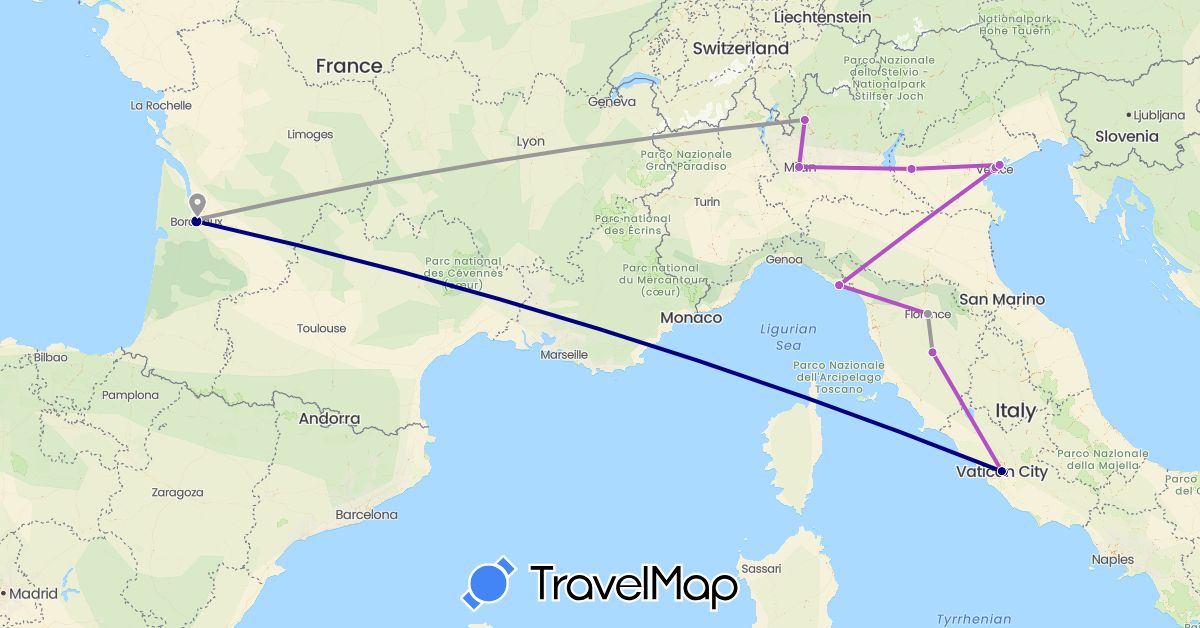 TravelMap itinerary: driving, plane, train in France, Italy, Vatican City (Europe)