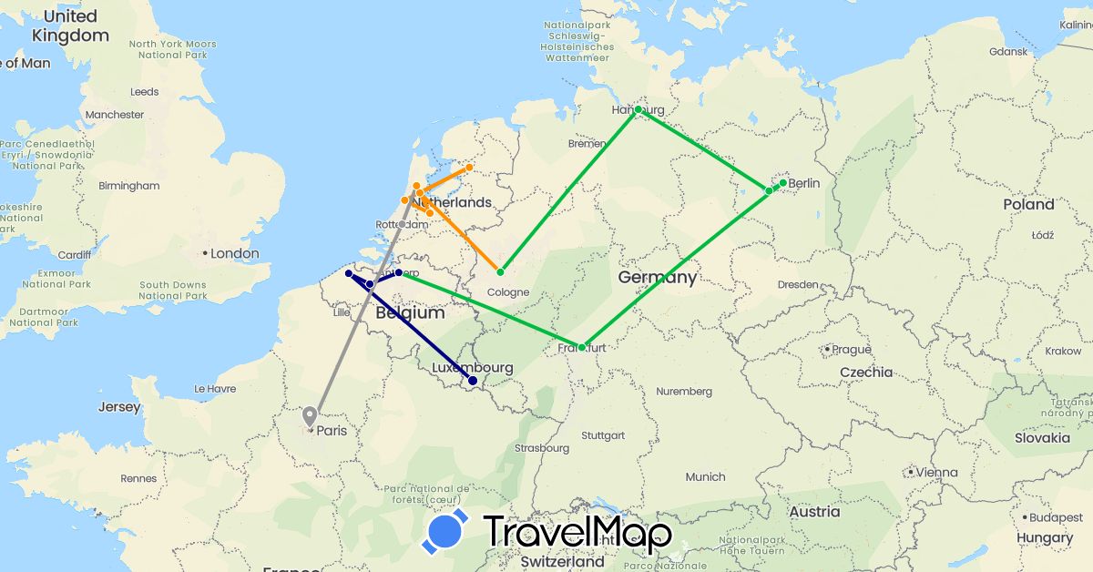 TravelMap itinerary: driving, bus, plane, hitchhiking in Belgium, Germany, France, Luxembourg, Netherlands (Europe)